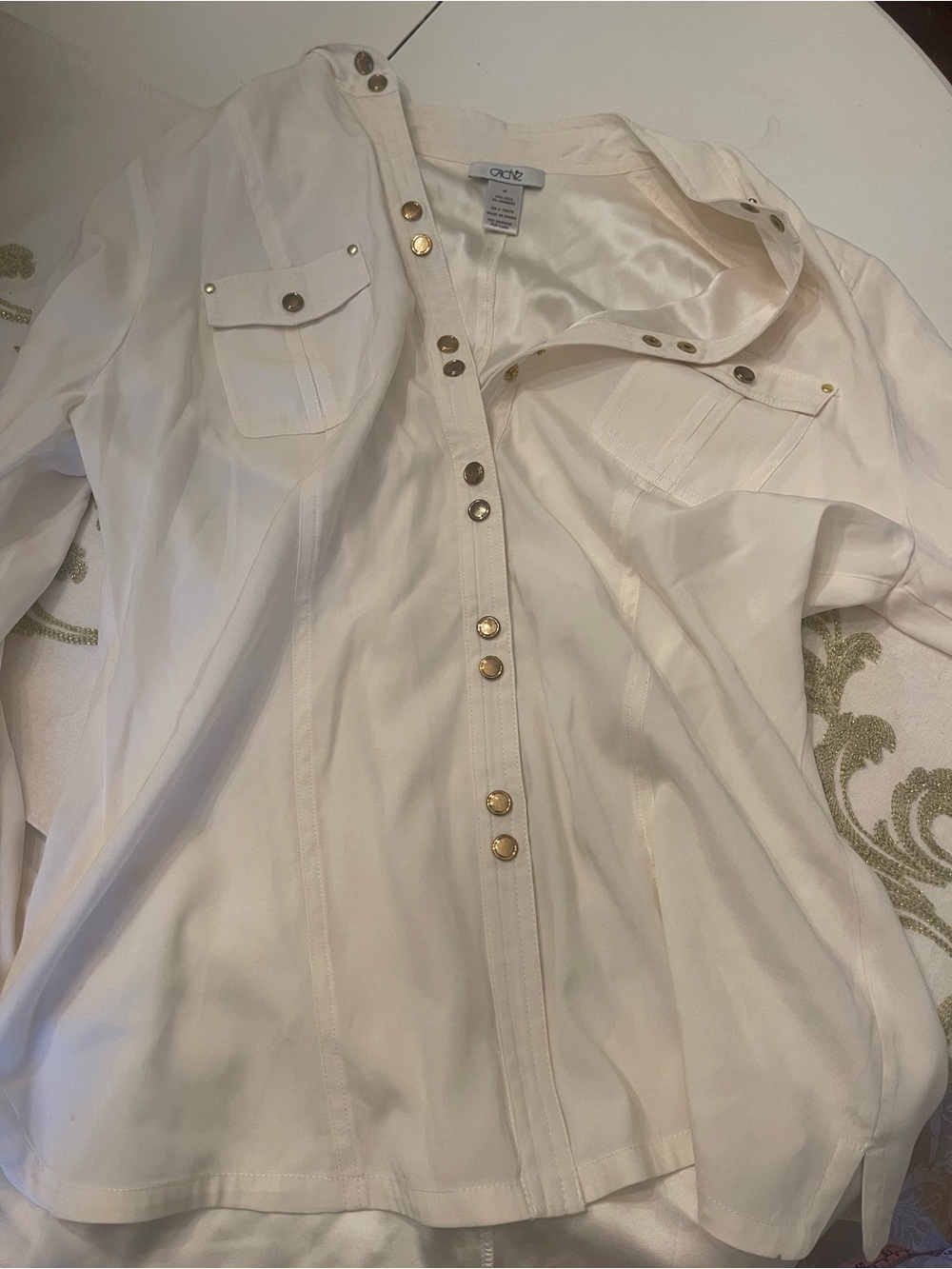 Cache Ivory Cream Button-Front Silk Blouse With Gold buttons